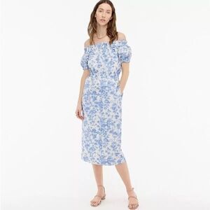 NWT J.Crew Off-Shoulder Midi Dress in Blue & White Antique Ikat Floral Size 8